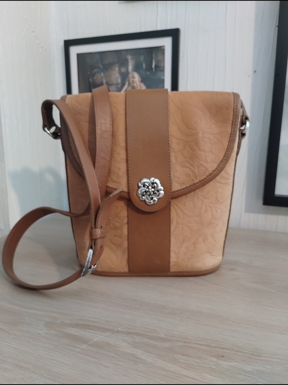 Brighton Tooled Floral-Embossed Leather Bucket Style Crossbody Bag